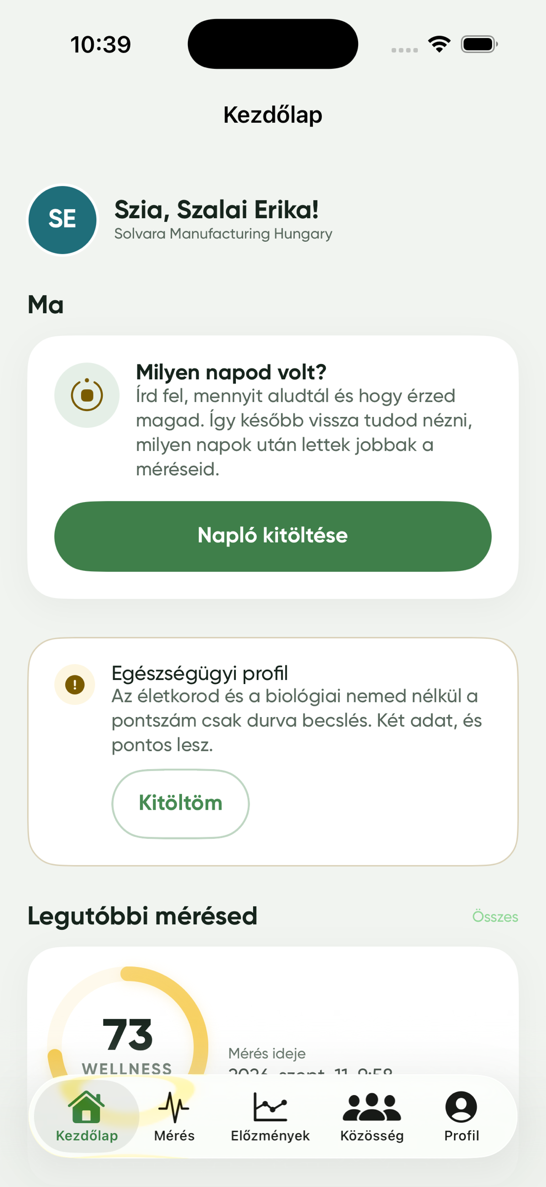 A Wellenced dolgozói alkalmazás kezdőlapja